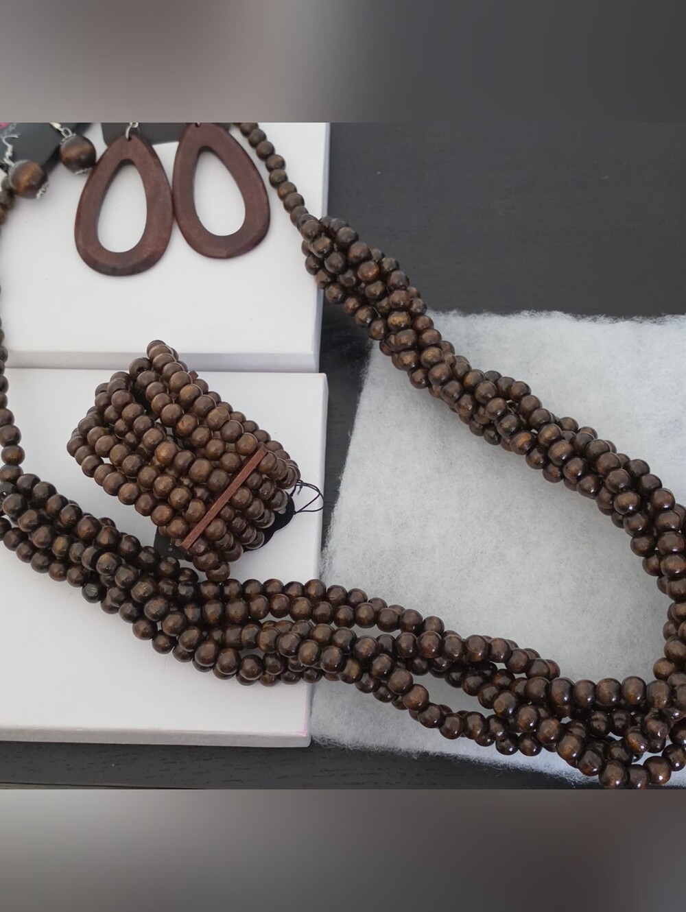Brown Wooden Bead Necklace and Bracelet Set - Accessories